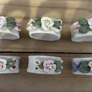 6 Vintage Porcelain Napkin Rings Delicate Floral Rings from 1970's
